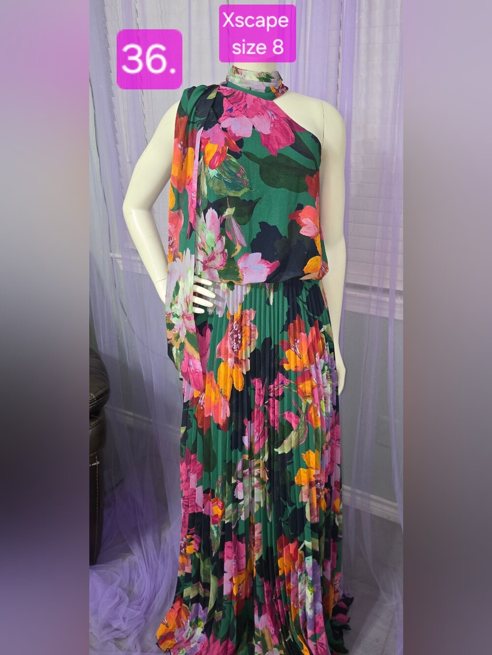 Xscape Green Floral Pleated Maxi Dress with Scarf Detail